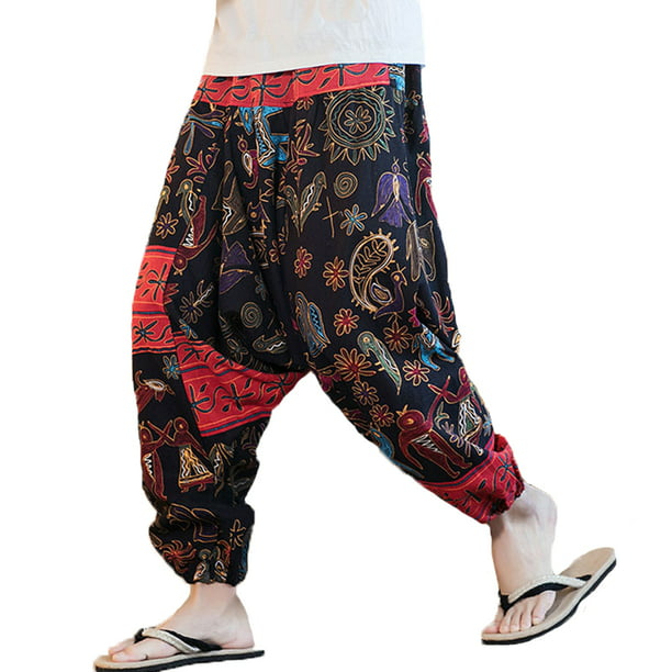YYear Men Chinese Style Casual Printing Cropped Pants Loose Fit Harem Pants 